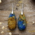 Bohemian imperial stone teardrop dangle earrings with silver hooks on rustic wood - Blue Brown Stone Silver Color Hook