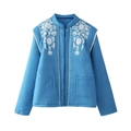 Women's blue cotton jacket with stand collar and white floral embroidery on pure white background - S / Blue