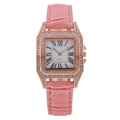 Fashionable square quartz watch for women with pink leather strap and diamond-set case - Pink