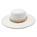 Detail of white wool felt boater hat with a chunky gold chain strap on a flat top - M (56-58cm) / White