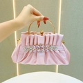 Pink pleated evening clutch with crystal floral decoration and gold round metal handle - Pink