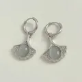 Silver fan earrings with grey blue oval stone and white crystals on round hoops - Silver + White Zirconia (PDE1512)