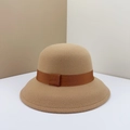 Elegant khaki wool cloche hat for women with dark brown grosgrain ribbon and bow detail - Camel Hat with Khaki Ribbon