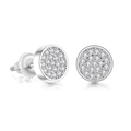 Macro detail of silver round stud earrings with full zircon stones and screw back closure - Platinum + White