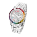 Luxury silver watch with rainbow bezel and diamonds, featuring a functional three-dial design - Silver Rainbow Diamond
