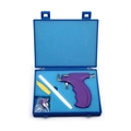 Detailed set of purple ear piercing gun tool with markers and studs in a blue storage box - Purple Jewelry Set