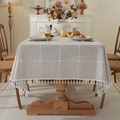 Waterproof linen-style beige grey grid tablecloth with white tassel edge on wooden table - 140*260cm / Japanese Brown (Waterproof Embroidered Plaid)