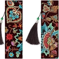 Set segnalibri fai-da-te pittura diamante mandala in pelle PU marrone con nappe di seta - SQ-196 (Mandala/Motivo Floreale Set di 2)