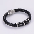Bracciale da uomo in pelle nera intrecciata stile punk rock con chiusura in acciaio inox - Anelli Neri e Argento (Chiusura in Acciaio) / Colore Acciaio