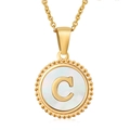 Golden necklace with letter C pendant featuring white mother of pearl and beaded edge - Gold Letter C