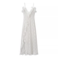 White lace long dress with deep V-neck, ruffle details and side slit in elegant style - S / White