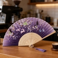 Purple bamboo folding fan with cherry blossom and rabbit patterns and a silk tassel - Style 67 (New Style)
