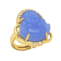 Adjustable golden ring with blue carved Maitreya Buddha and pavé zircon stones - Adjustable Open / Blue