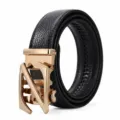 Cinturón de cuero automático para hombre, correa de piel negra con hebilla de metal dorada. - Estilo 1 Dorado Z