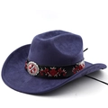 Detail of purple faux suede cowboy hat featuring red floral embroidery and silver badge - M(56-58cm) / Navy Blue