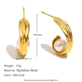 18K gold-plated stainless steel C-shape earrings with pearls and 18mm size markers - Rolled Edge Wrapped Pearl Stud Earrings - Gold
