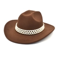 Detailed view of brown wool fedora hat featuring multi-row white pearl decorative bands - M (56-58cm) / Coffee