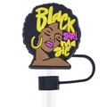Cartoon black girl magic PVC straw topper with gold earrings and 10mm silicone ring - Black Girl Magic Text