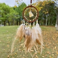Handmade dream catcher with natural yellow stone and feathers in a park setting - Citrine Brown Hoop
