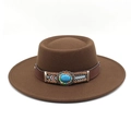 Close-up of bohemian felt hat featuring a leather band with turquoise buckle detail - M (56-58cm) / Coffee