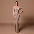 Off-shoulder champagne sequined evening gown with leaf applique and high side slit - XS / Peach