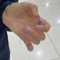 Pink patchwork trapezoid press-on nails with silver cross accents and matching ring - HY276 Chrome Heart Style Cross