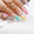 Rainbow macaron coffin press-on nails with French cloud patterns and gradient design - Rainbow Cloud Style (JP1123)