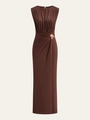 Brown sleeveless maxi dress with side ruching and elegant gold metal waist ornament - S / Coffee