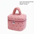 Pink corduroy heart-patterned bucket makeup bag with top handle and silver zip charm - Barrel Bag / Pink