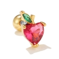Golden apple stud earring with red heart-shaped zircon and green leaf stone detail - Gold Apple