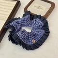 Blue plaid scrunchie with denim ruffle and wood button, stylish hair tie for ponytails - Dark Blue Plaid (Approx. 12cm Dia)