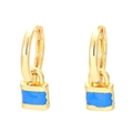 Close-up of golden hoop earrings featuring blue enamel heart-lock charms on a white back - Blue
