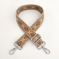 Close-up of geometric jacquard bag strap with silver metal swivel hooks and adjuster - Silver Clasp / Matcha Green Floral