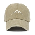 Close-up of khaki washed cotton baseball cap featuring minimalist white mountain embroidery - Khaki