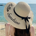 Wide brim straw sun hat with Hello Sunshine embroidery and black ribbon bow detail - M (56-58cm) / Frayed Edge Beige With Sequin