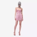 Pink sequin mini dress with spaghetti straps and matching glitter mask on white background - L / Lotus Pink