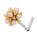 L-shaped nose stud featuring a gold floral cluster with white pearls and clear zircons - Flower Cluster Style (BD00112) / Gold