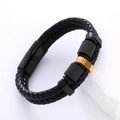 Double-layer black braided leather bracelet for men with gold and black metal rings - Black & Gold