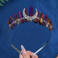 Handmade silver headband with raw purple crystals and crescent moon decorative center - Deep purple