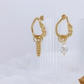 Asymmetric 18K gold plated titanium earrings with irregular rings and pearl tassel - Asymmetrical Earrings / Gold