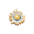 Golden sunflower pendant charm with white and blue enamel finish on white background - Azure Blue