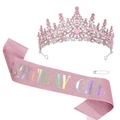 Set fascia rosa glitter Birthday Girl con corona di cristallo argento e spilla - BIRTHDAY GIRL Rosa Iridescente
