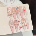 Set unghie finte rosa con orsetto 3D fragola, perle e accenti di glitter scintillanti - XS / Stile Orso Fragola Rosa (3182)