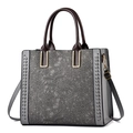 Elegant gray textured tote bag with floral lace relief and brown leather handles - Gray