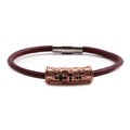 Detail of reddish-brown leather bracelet with rose gold beads and magnetic silver clasp - Rose Gold J