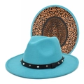 Detail of teal fedora hat with leopard print lining and studded black leather band - M (56-58cm) / Lake Blue