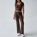 Women Y2K knit two piece set with brown short sleeve button top and drawstring pants - S / Brown