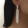 Elegant silver long tassel fringe earrings with sparkling white crystals for women - Silver Wave Wide Long Tassel Earrings DTE1616746S