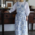 French retro blue Toile de Jouy floral apron with elegant ruffled edges for home use - Blue and White Toile (with Label)