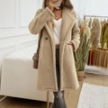 Elegante cappotto beige in pile teddy con cappuccio da donna dal design casual in maglia - S / Cachi